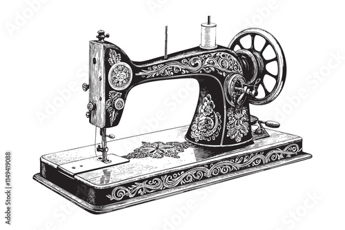 vintage sewing machine engraving vector illustration