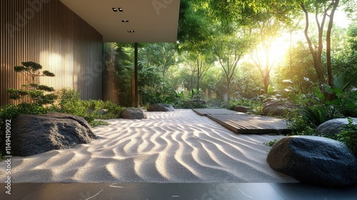 Serene zen garden, sunlit sand, lush greenery.