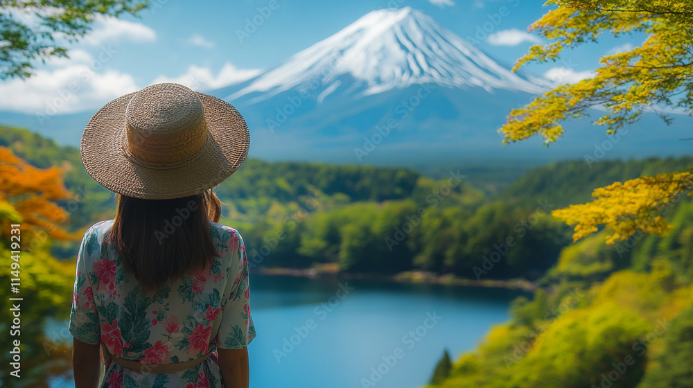 Fototapeta premium Woman gazes at Mount Fuji reflecting in calm lake surrounded by vibrant greenery in springtime setting