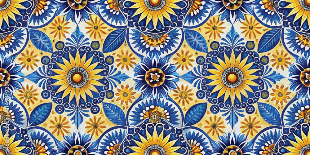A vibrant floral pattern featuring intricate blue and yellow designs with sunflowers and leaves. A vibrant floral pattern featuring intricate blue and yellow designs with sunflowers and leaves.
