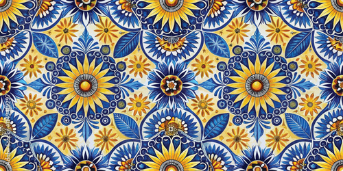 A vibrant floral pattern featuring intricate blue and yellow designs with sunflowers and leaves.