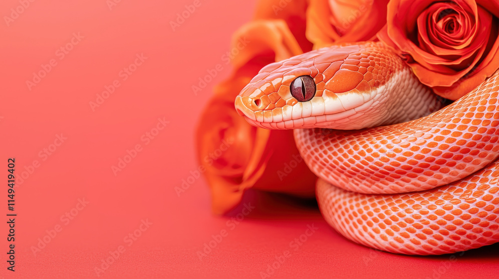 Fototapeta premium snake valentine concept. Elegant snake with shimmering scales wrapped around vibrant roses