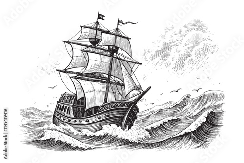 old sailing ship on stormy seas engraving vector illustration