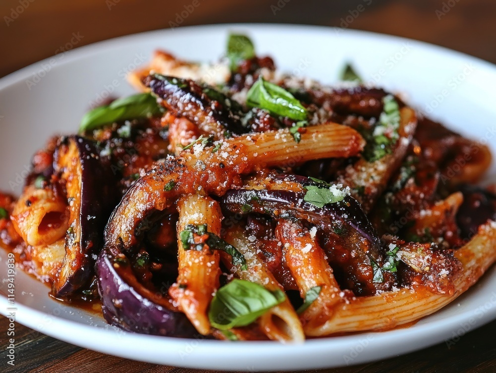 Penne pasta dish with eggplant, tomato sauce, and basil on white plate. Penne pasta dish with eggplant, tomato sauce, and basil on white plate.