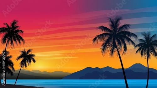 A vivid sunset over a tropical beach with palm trees silhouetted, vibrant paradise