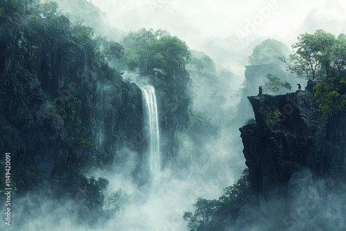Misty Waterfall Landscape: Surreal Nature Scene, Digital Art Background