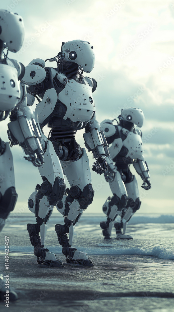 Coastal Peacekeeping Robots: 3D Render of Futuristic Machines on Beach