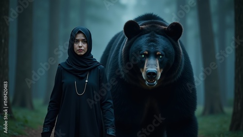 strong and confident woman wearing a black hijab walking alongside a massive tall black bear in the dark and mysterious forest 3D painting illustration  
