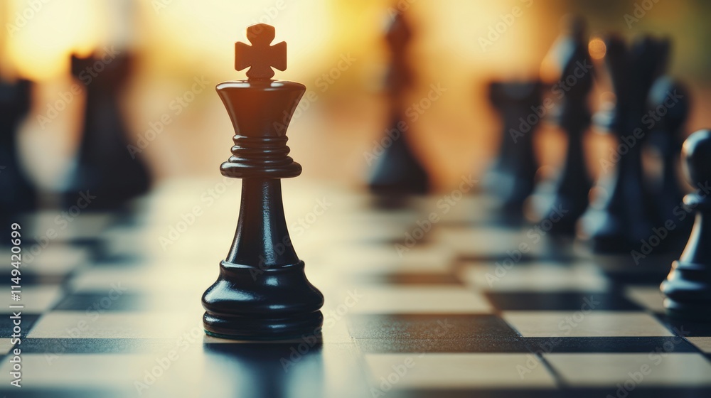 Strategic Black King Chess Piece on Board Outdoors at Sunset Strategic Black King Chess Piece on Board Outdoors at Sunset