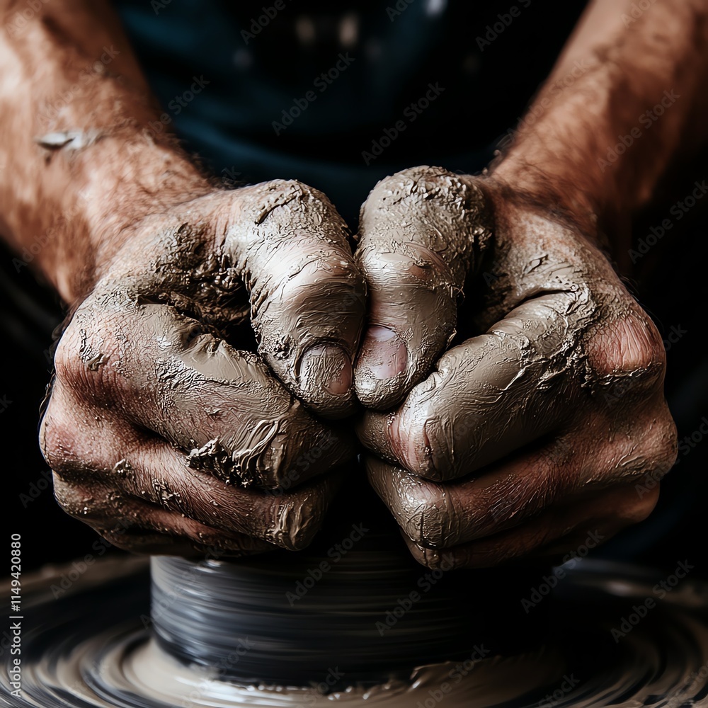 Closeup of hands molding clay on a pottery wheel, creativity in action Closeup of hands molding clay on a pottery wheel, creativity in action