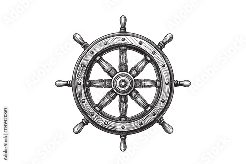 ship’s wheel with detailed woodgrain engraving vector illustration
