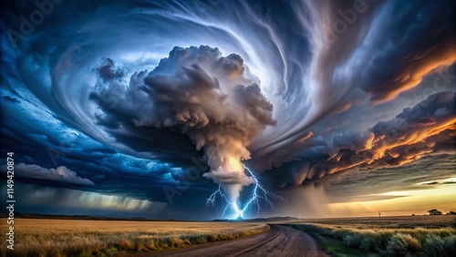 Nighttime Tornado Storm Panoramic: Mezocyclone Lightning Strikes Field photo