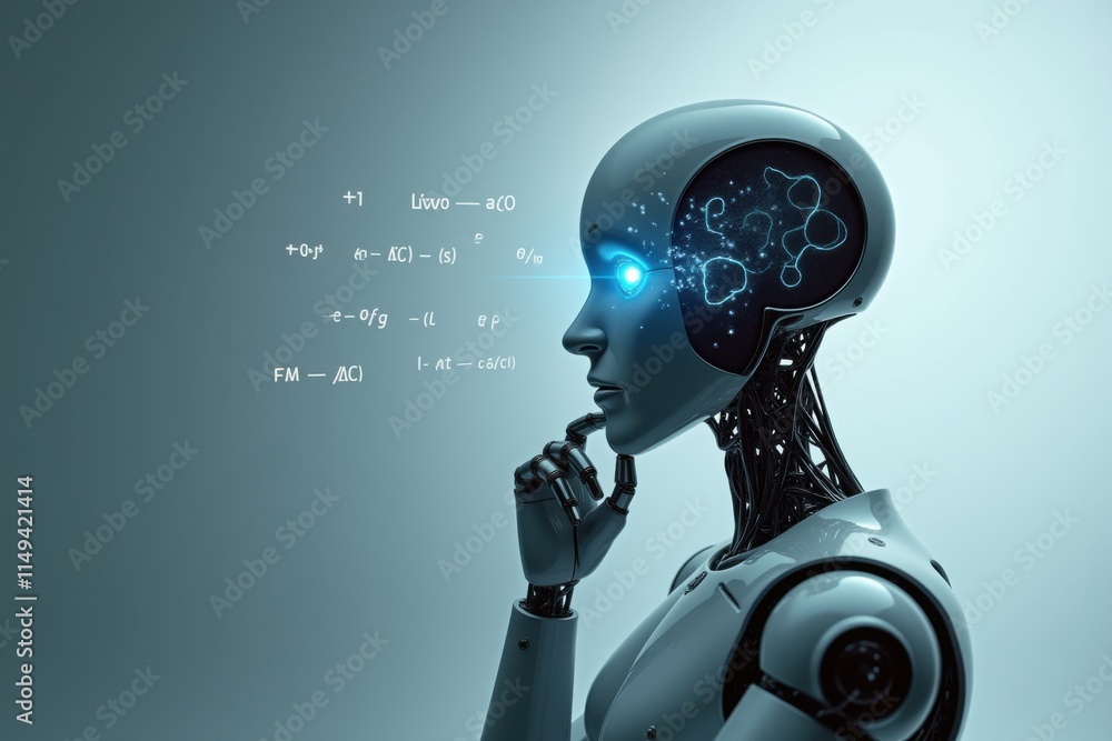 Naklejka premium Futuristic humanoid robot with glowing brain visualization and mathematical formulas, symbolizing advanced AI intelligence and innovative technology in a minimalistic setting