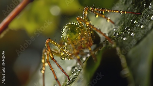 Wallpaper Mural Macro Shot of Spider Covered in Water Droplets on Green Leaf Torontodigital.ca
