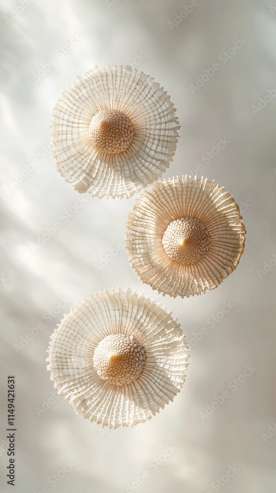 Obraz premium Three Coccoliths: Microscopic Marine Life, Elegant Forms, Pale Hues, Abstract Composition, Background