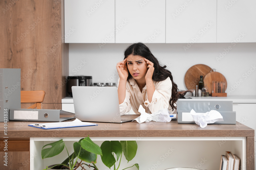 Tired young woman with laptop and crumpled paper sitting at table in kitchen. Stress concept Tired young woman with laptop and crumpled paper sitting at table in kitchen. Stress concept