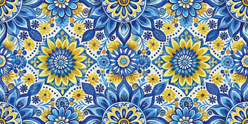 Vibrant floral pattern in blue and yellow, showcasing intricate designs and a cheerful ambiance.