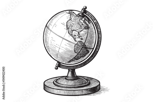 globe on a wooden stand engraving vector illustration