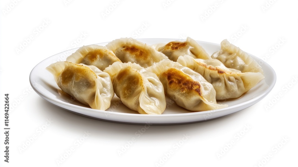 Closeup of Pan-Fried Dumplings on a White Plate Closeup of Pan-Fried Dumplings on a White Plate