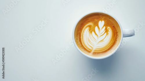 Top view of a perfectly round latte art in a plain white cup, subtle sophistication photo