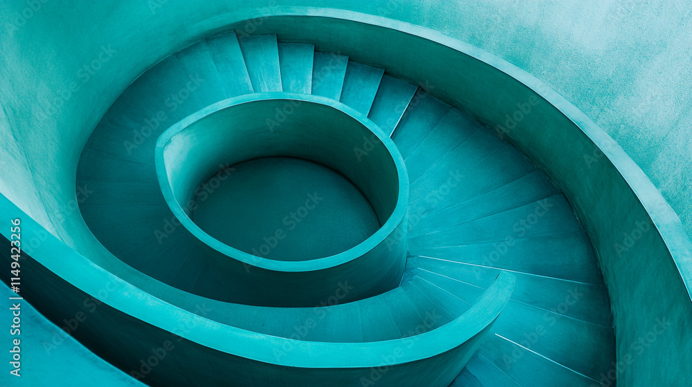 Fototapeta premium Spiraling staircase with a modern design and unique teal color in a minimalist setting