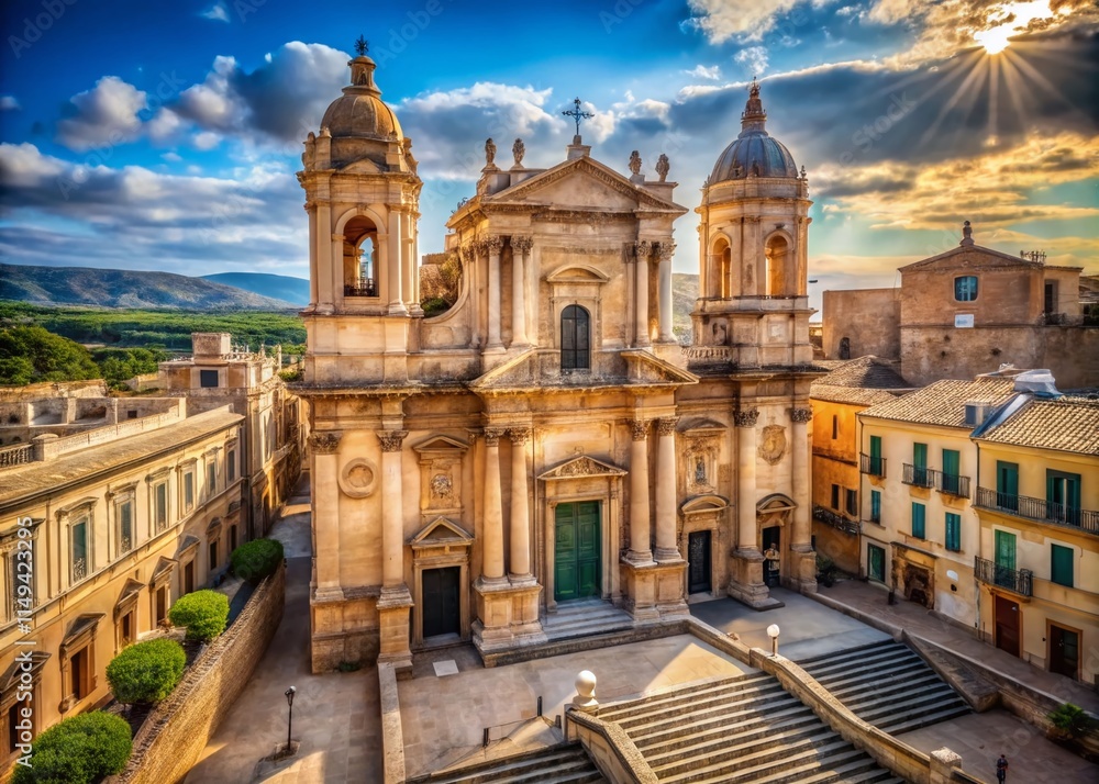 Obraz premium Noto Sicily Church San Carlo Baroque Architecture Facade Sunny Day Sicilian Cityscape
