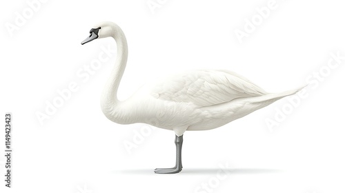 Fototapeta Naklejka Na Ścianę i Meble -  Elegant white swan standing on one leg against a white background.