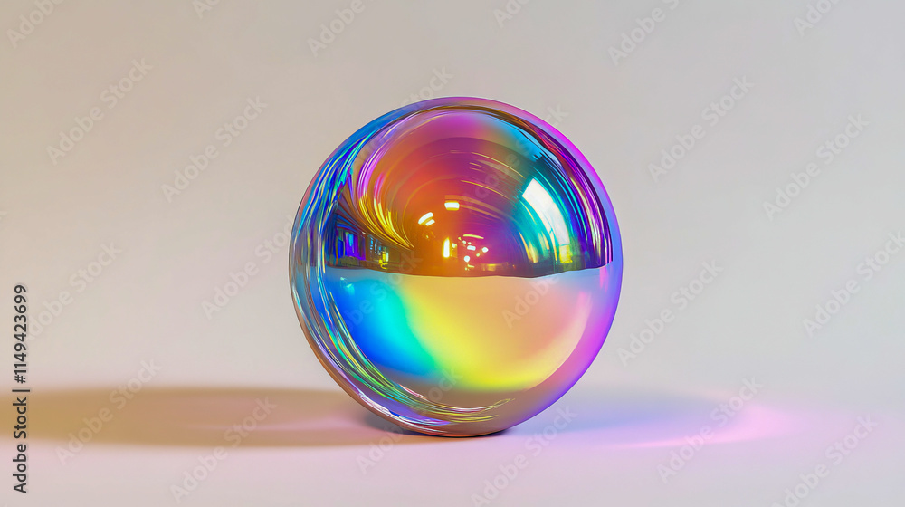 Colorful iridescent sphere on neutral background reflecting light and shadows Colorful iridescent sphere on neutral background reflecting light and shadows
