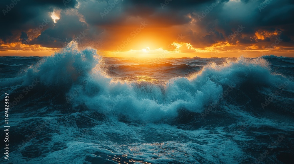 Fototapeta premium Dramatic ocean waves at sunset, powerful nature.