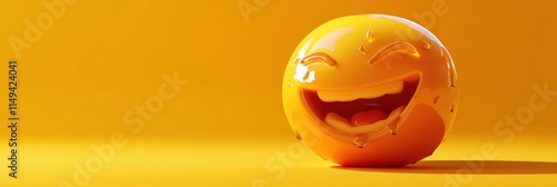 Laughing emoji with water drops on bright yellow background.