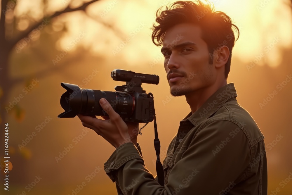 Fototapeta premium Photographer holding professional camera in golden sunset light, wearing casual military-style jacket. Side profile captures artistic intent and technical expertise against warm backlit nature setting