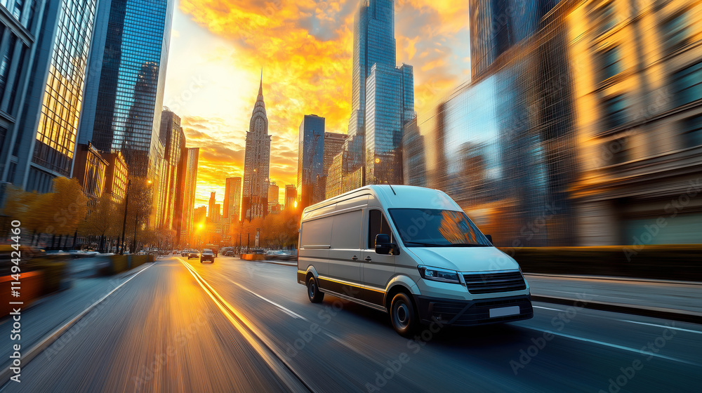 Naklejka premium Delivery van moving fast on city street at sunset. Urban environment with tall buildings. Rapid transport in busy city. Commerce, logistics in action. Modern vehicle in motion. Busy street with