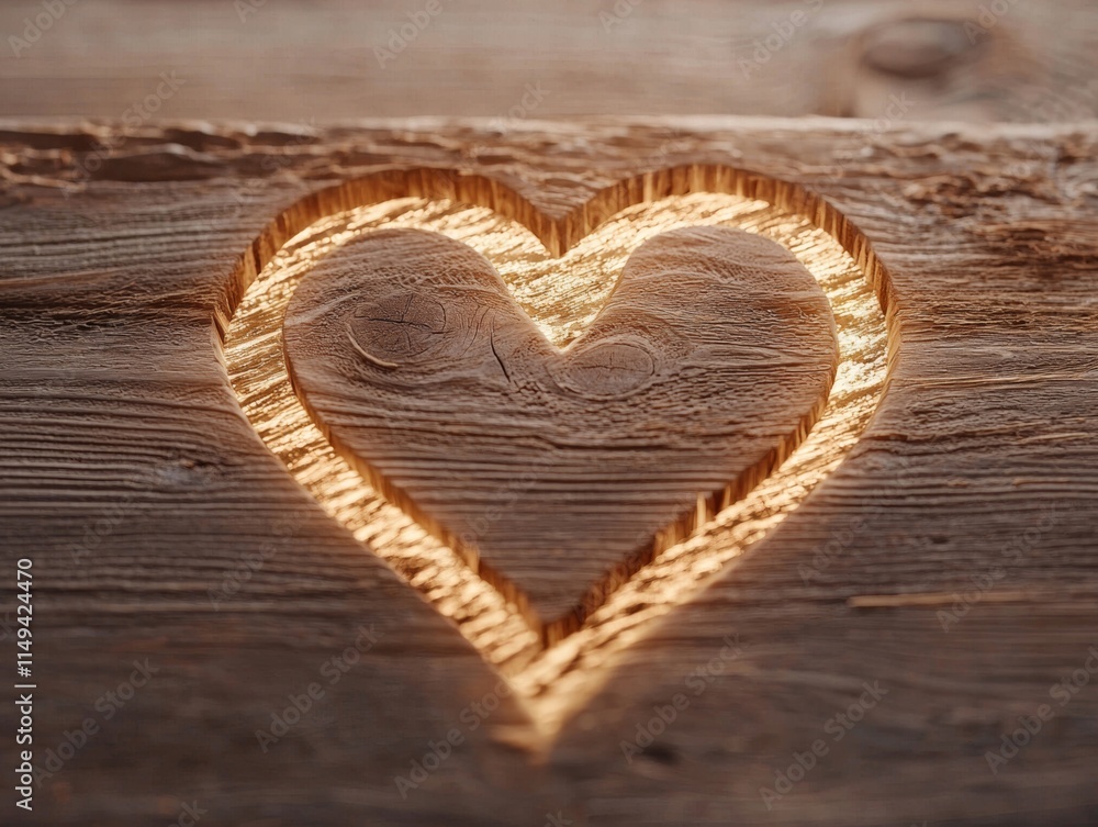 A carved wooden heart glows softly, showcasing craftsmanship and love, set against a rustic background. A carved wooden heart glows softly, showcasing craftsmanship and love, set against a rustic background.