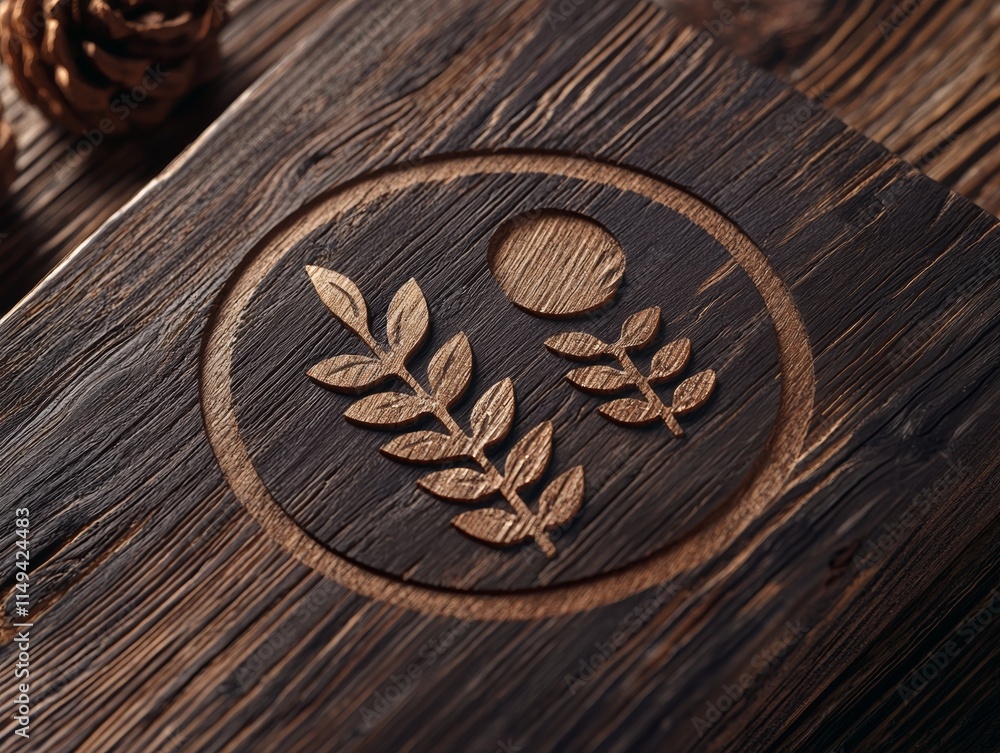 A carved wooden emblem featuring a circular design with leaves and a dot, set against a textured wooden background. A carved wooden emblem featuring a circular design with leaves and a dot, set against a textured wooden background.
