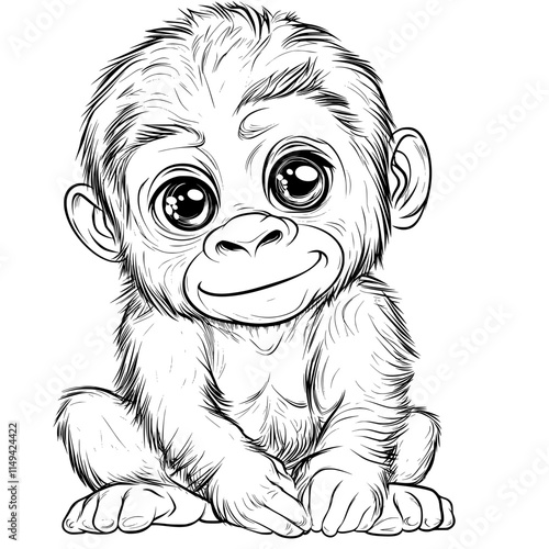 Cute smiley gorilla coloring page for kids & adults simple details black and white