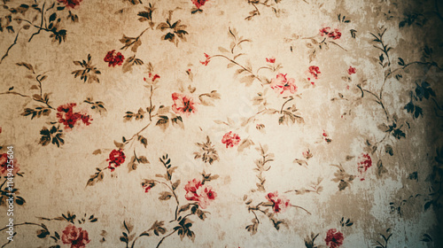 Delicate floral wallpaper featuring intricate rose patterns in soft colors enhances a vintage interior space