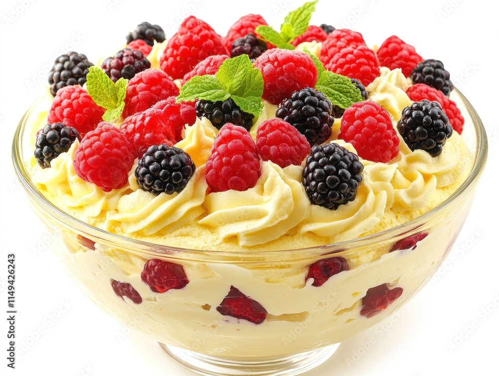 A vibrant dessert bowl filled with whipped cream and mixed berries. A vibrant dessert bowl filled with whipped cream and mixed berries.