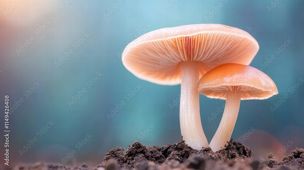 Mushrooms with fine details, illuminated by soft light, growing on soil. delicate gills and vibrant colors create serene and enchanting atmosphere in nature Mushrooms with fine details, illuminated by soft light, growing on soil. delicate gills and vibrant colors create serene and enchanting atmosphere in nature
