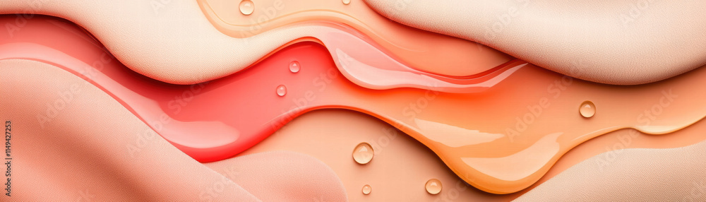Smooth, flowing textures of peach and coral shades create vibrant, abstract background with glossy droplets. Perfect for beauty or skincare themes Smooth, flowing textures of peach and coral shades create vibrant, abstract background with glossy droplets. Perfect for beauty or skincare themes