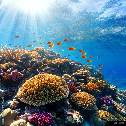 A tropical coral reef teeming with multicolored fish, underwater vibrancy photo