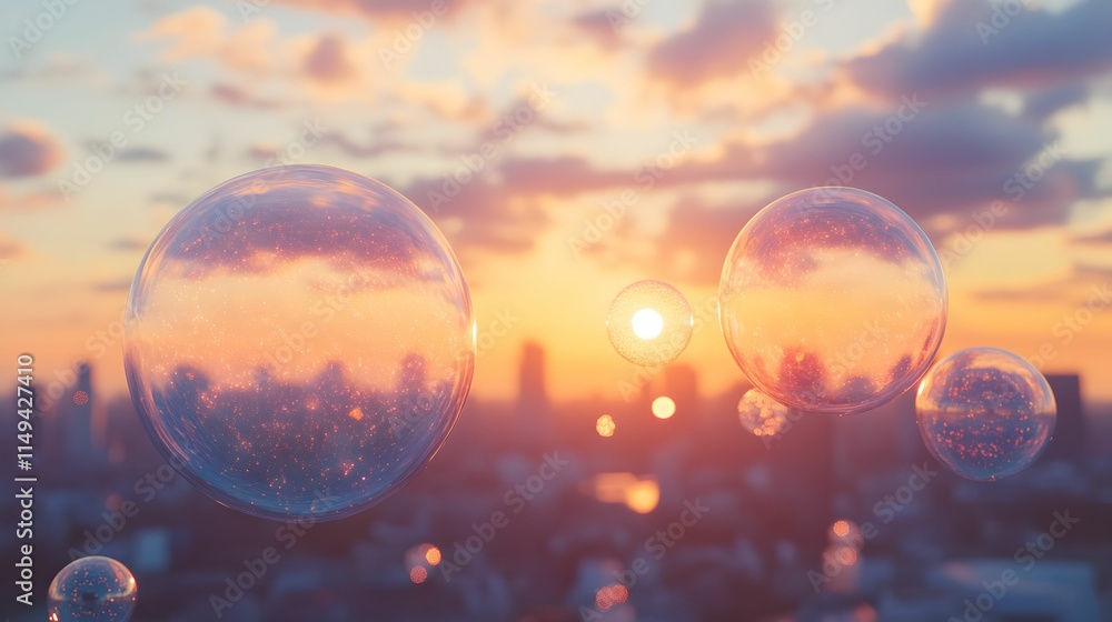 Sunset Cityscape Bubbles 3D Illustration Sunset Cityscape Bubbles 3D Illustration