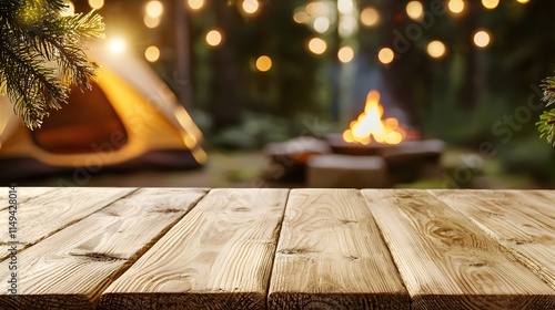Tranquil Camping Scene with Wooden Table, Tent, Fire Pit, and String Lights at Night