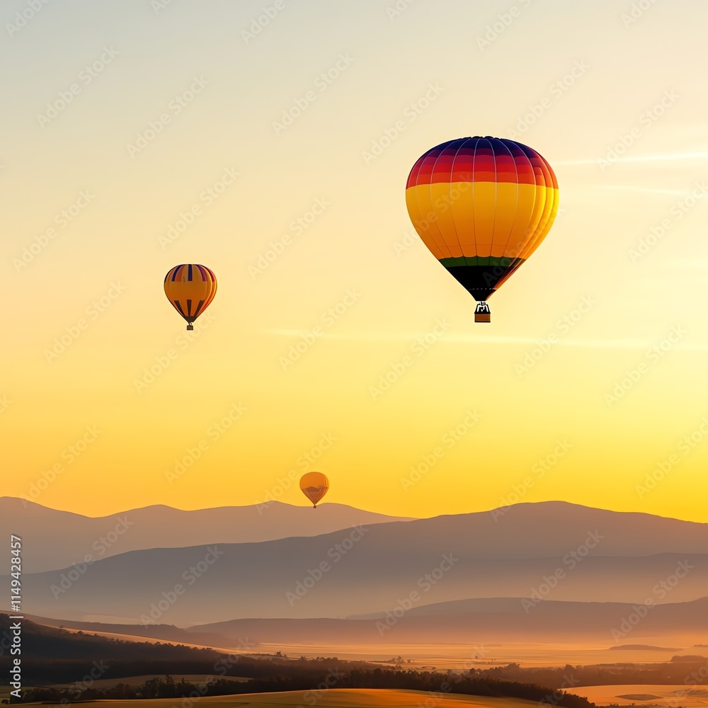 Naklejka premium Colorful hot air balloons floating over a golden landscape, vibrant adventure