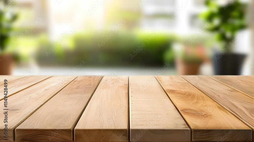 Wooden Table Surface with Natural Background in Soft Focus for Relaxing Atmosphere Wooden Table Surface with Natural Background in Soft Focus for Relaxing Atmosphere