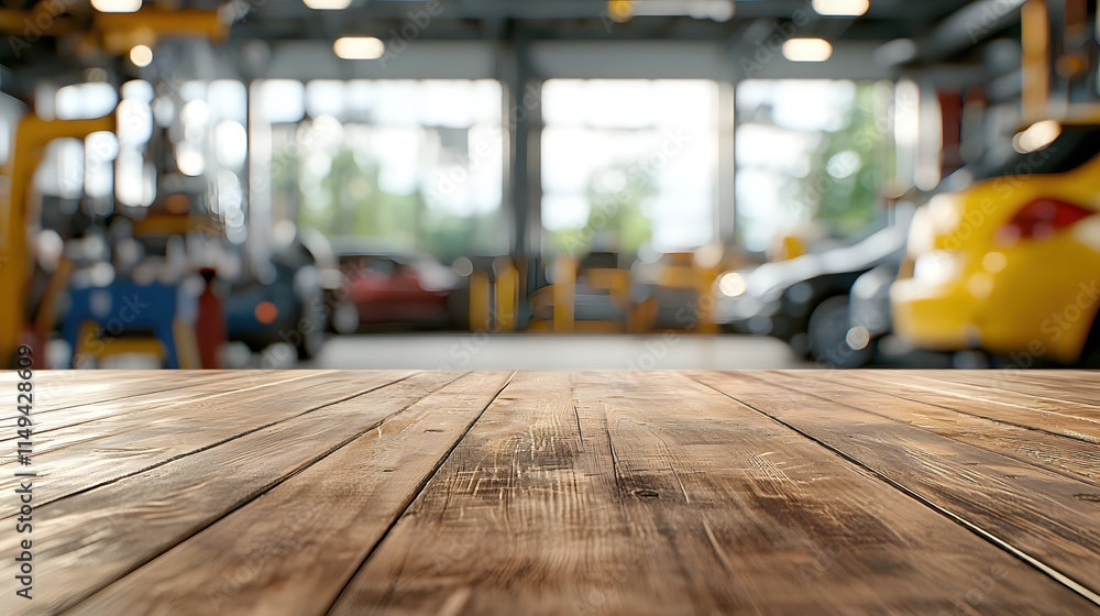 Blurry Workshop Background with Wooden Table Surface and Car Workshop Setting Blurry Workshop Background with Wooden Table Surface and Car Workshop Setting