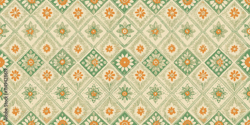 A vibrant floral pattern featuring orange and green hues, showcasing intricate diamond shapes and whimsical flowers.