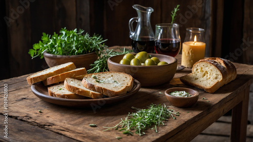 Dining Table Displays Bread, Cheese, and Fresh Herbs photo