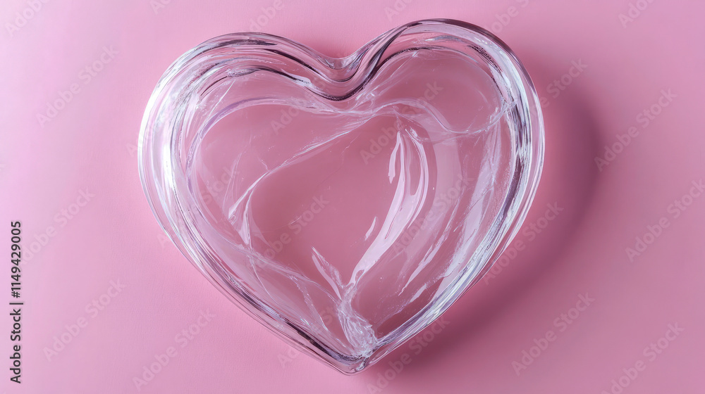 Clear glass heart-shaped bowl on pink background reflects elegance and simplicity Clear glass heart-shaped bowl on pink background reflects elegance and simplicity