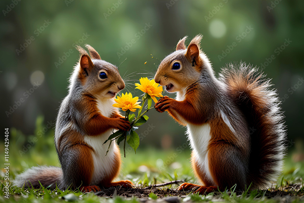 Two squirrels with a bouquet of yellow flowers in the forest
