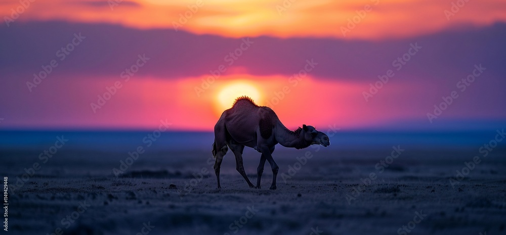 Silhouette of a camel at sunset over a vast plain. Silhouette of a camel at sunset over a vast plain.